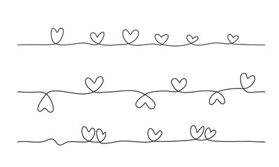 Set of continuous drawing border of heart shape in simple linear style.