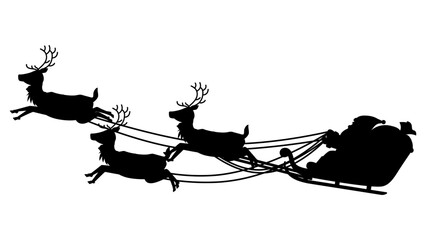 3匹のトナカイが引くソリに乗ったサンタクロースのシルエット　クリスマスのイラスト素材