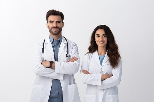Young couple Doctor posing against white background