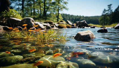 Fototapeta premium Tranquil scene green forest, flowing water, reflecting colorful mountain range generated by AI