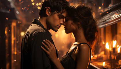 Young couple embracing in the night, celebrating love and happiness generated by AI