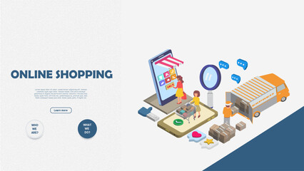 online shop concept banner with character illustration. can use for web banner, infographics, hero images. flat isometric vector