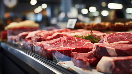Close up of fresh meat on display in supermarket, shallow depth of field - Powered by Adobe