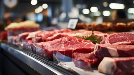 Fotobehang Close up of fresh meat on display in supermarket, shallow depth of field © Jioo7