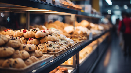 Close-up view of a row of various pastries in a bakery