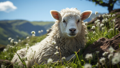 Naklejka premium Cute young lamb grazing in green meadow on a farm generated by AI