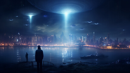 Fototapeta na wymiar alien visit, flying UFO saucer lands in mysterious atmosphere of night fog