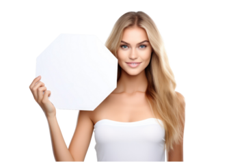 beautiful girl holding blank white billboard for mockup on an isolated transparent background