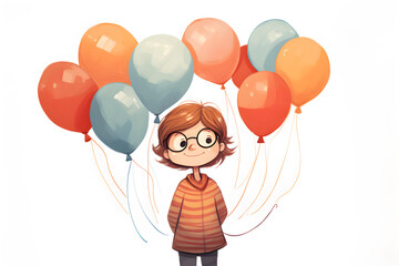 simple cartoon illustration of young boy with colourful balloons
