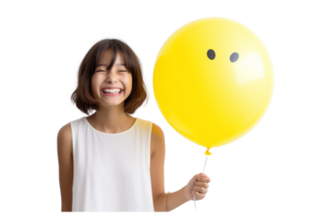 beautiful girl holding yellow balloon on an isolated transparent background