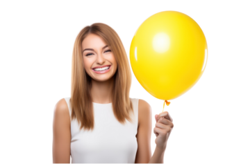 beautiful girl holding yellow balloon on an isolated transparent background