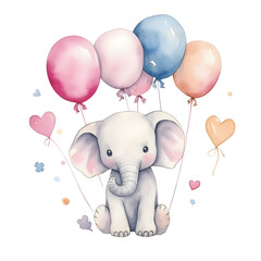 cute watercolour illustration of baby elephant with balloons and love hearts