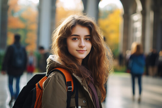 The portrait of a smiling female student freshman carrying a backpack shot at the entrance of a college or university on the first day, blurry background. Generative AI.