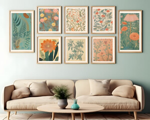 Interior of a room with a coffee table, sofa and art gallery mock-up.