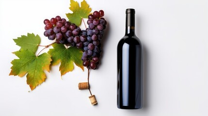 bottle of red wine with grapes on an isolated white background