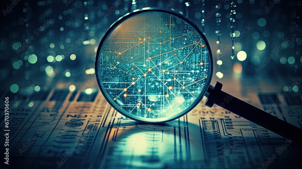 Aufkleber A magnifying glass inspecting network components, symbolizing the investigation of network problems