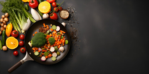 A plate of grilled vegetables on a black background with spices and copy space Cooking vegan food on a frying pan Dark creative kitchen background  with kitchen boards Ai Generative 
