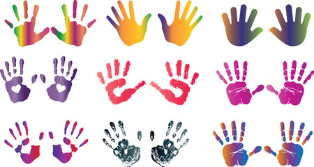 Gradient handprint vector illustration, vibrant multicolor handprints of different sizes on white background. Modern, abstract design, cheerful pattern evoking fun and creativity.