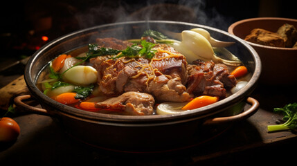 Fototapeta premium Pork belly and vegetable stew, Steaming hot, Close-up on the ingredients