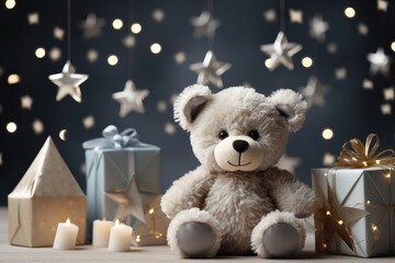 A Christmas-themed background image with a teddy bear and presents, providing space for customization to create a festive atmosphere for your creative content. Photorealistic illustration
