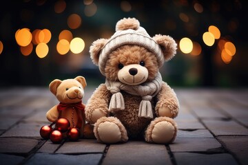 A close-up Christmas-themed background image featuring a teddy bear wearing a hat and scarf, creating a cozy and festive atmosphere for your creative content. Photorealistic illustration