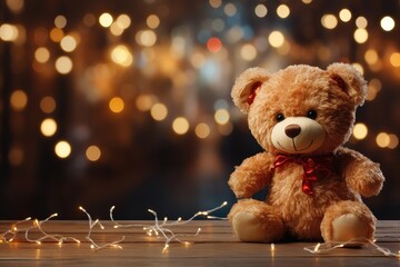 A Christmas-themed background image with a close-up of a teddy bear and room for customization, allowing you to create a festive atmosphere for your creative content. Photorealistic illustration