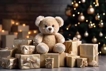 A Christmas-themed background image with a teddy bear sitting on lots of presents, offering room for customization to create a festive and personalized atmosphere. Photorealistic illustration