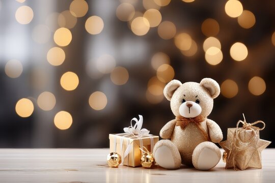 A Christmas-themed background image with a teddy bear and a present, offering room for customization to create a festive atmosphere for your creative content. Photorealistic illustration