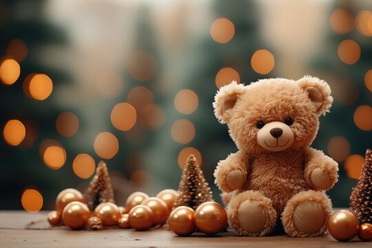 A close-up Christmas-themed background image with a teddy bear, ornaments, and room for customization to create a festive and personalized atmosphere. Photorealistic illustration
