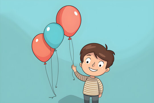 simple illustration of young boy with balloons in a cute cartoon style