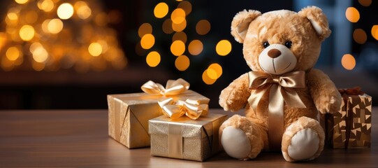 In this wide-format Christmas-themed background image, you'll find a delightful arrangement of presents, a charming teddy bear, and ample space for personalization. Photorealistic illustration