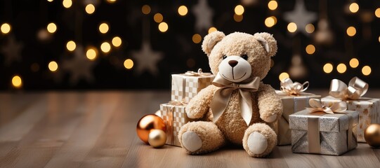 This wide-format Christmas background features presents and an adorable teddy bear, with plenty of room for customization to enhance your creative content. Photorealistic illustration