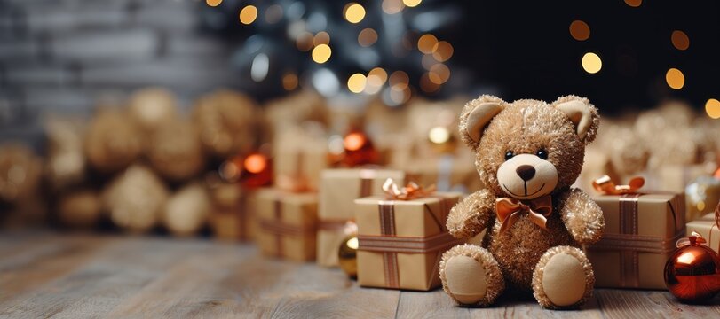 In a wide-format Christmas-themed background image, a teddy bear is seated before a collection of presents, customizing the scene to suit your creative needs. Photorealistic illustration