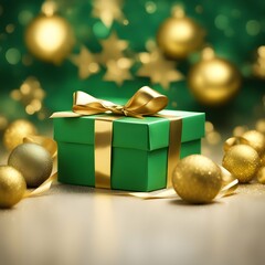 Regalo de Navidad Verde y Año Nuevo con Moño y Esferas Doradas con Fondo Difuminado