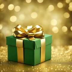 Regalo de Navidad Verde y Año Nuevo con Moño Dorado y Fondo de luces Doradas Difuminadas