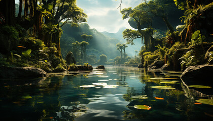 Tranquil scene nature beauty reflected in the calm pond generated by AI