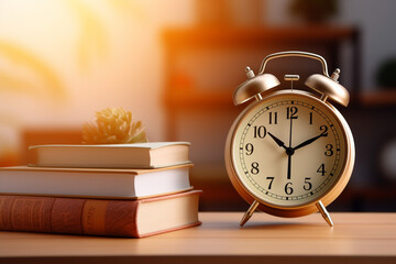 Naklejka premium Alarm clock placed near textbooks stacked