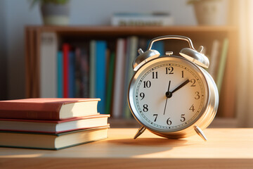 Alarm clock placed near textbooks stacked