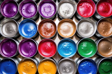 high angle shot of metallic pigmented paint buckets - obrazy, fototapety, plakaty