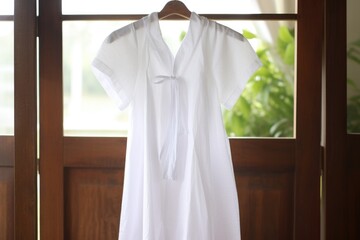 Fototapeta na wymiar white baptismal gown draped over a wooden hanger