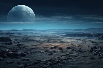 Fototapeta na wymiar The moon's surface with Earth in the background, highlighting the desolate beauty of the lunar landscape