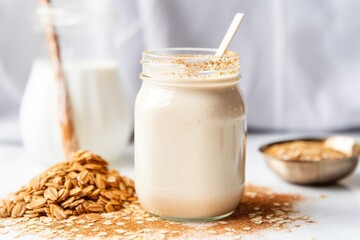 mason jar filled with golden flaxseed and almond milk - obrazy, fototapety, plakaty