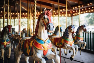 a carousel with wooden horses in amusement park - obrazy, fototapety, plakaty