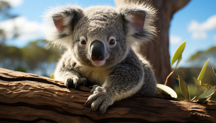 Obraz premium Cute koala sitting on branch, looking at camera in nature generated by AI