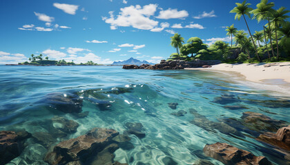 Obraz premium Idyllic tropical coastline, transparent underwater beauty, tranquil green forest generated by AI