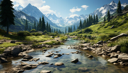 Majestic mountain range reflects tranquil meadow in summer beauty generated by AI - 670372660