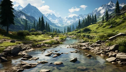  Majestic mountain range reflects tranquil meadow in summer beauty generated by AI © Jemastock