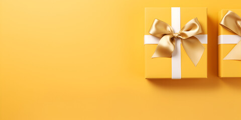 Gift box with golden satin ribbon and bow  Gift Box With Antlers And Brown Bow On Yellow Background    Ai Generative
