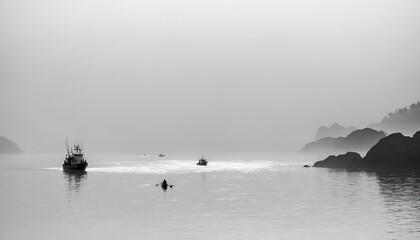 Naklejka premium Peaceful lake landscape with fishing boat generated by AI