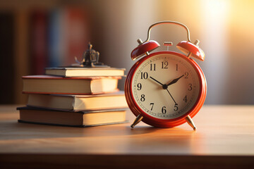 Naklejka premium Alarm clock placed near textbooks stacked